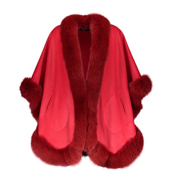 100% Cashmere Cape with Matching Fox Trim - Style 